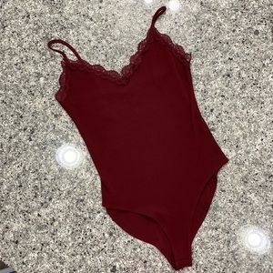 Maroon Spaghetti-Strap V-Neck Bodysuit with Lace